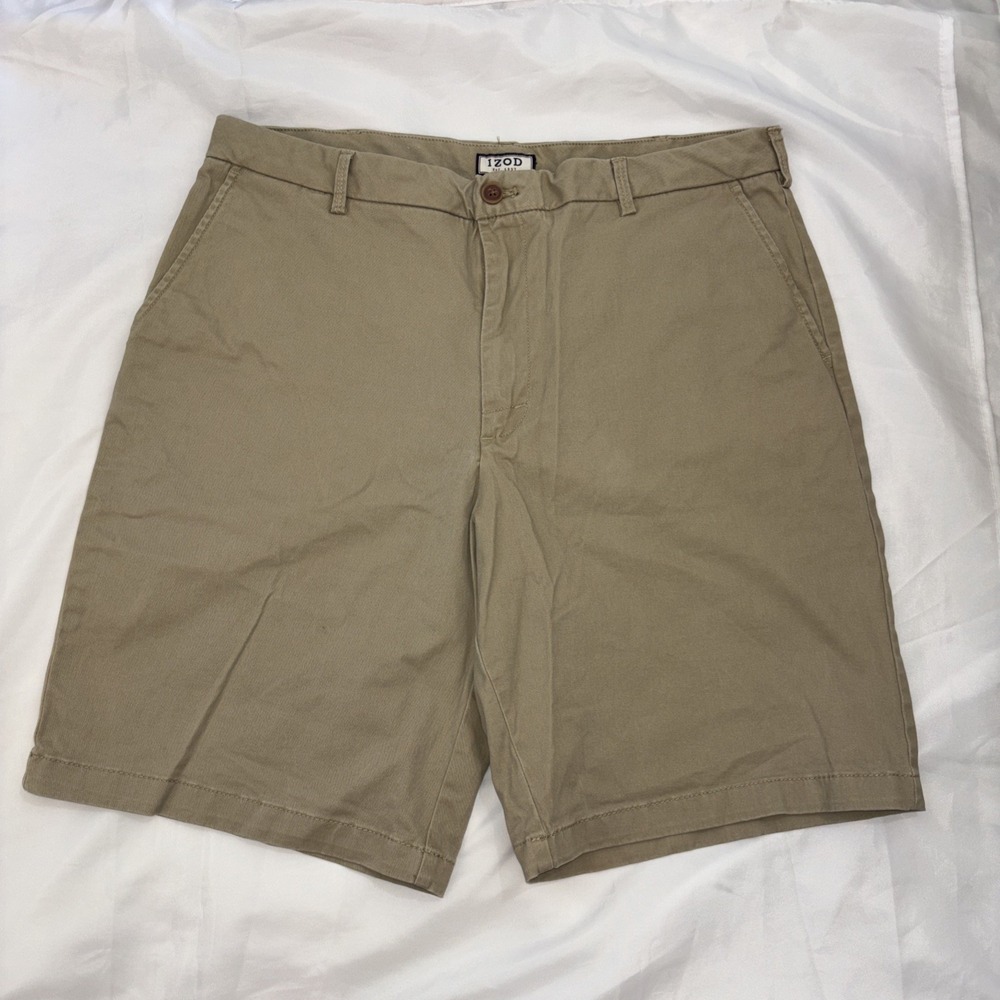 IZOD Men's Casual Stretch Shorts 36 Tan Flat Front Cotton Spandex